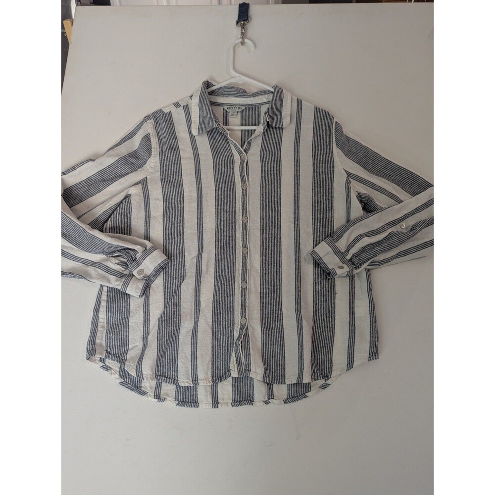 Orvis Women's Button-Up‎ Shirt XL White Black Striped Long Sleeve Linen Blend